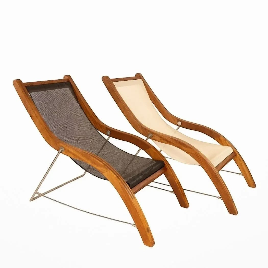 Attaleia Furniture Pisidya iroko ağacı iskeletli, beyaz ve siyah kumaş seçenekli modern dış mekan şezlong takımı