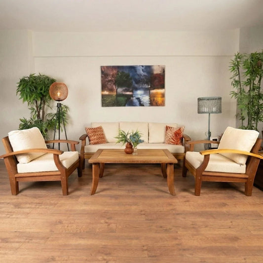 Attaleia Furniture Aspendos Set, iroko ağacından üretilmiş, krem rengi minderli lüks bahçe oturma grubu.