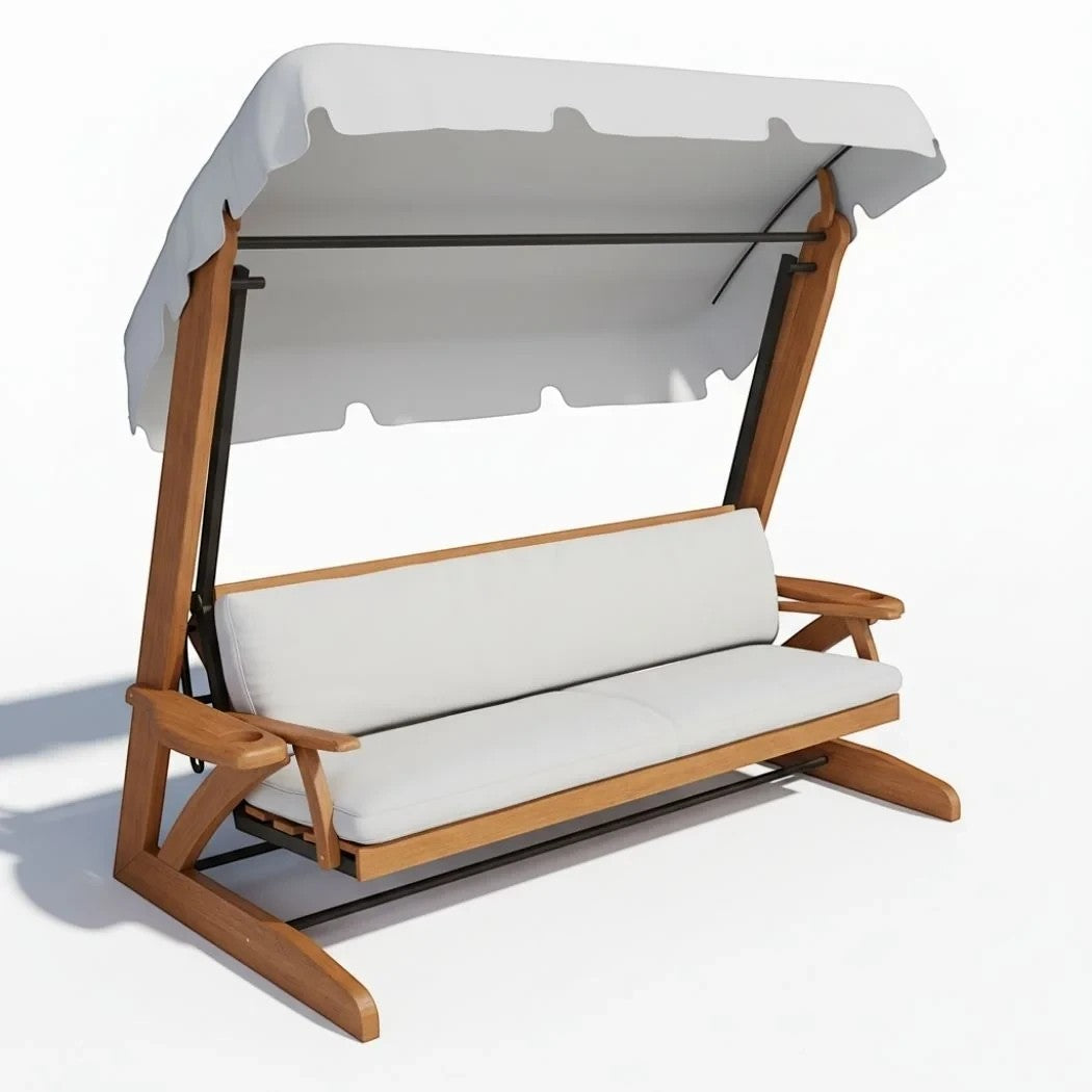 Attaleia Furniture Myra bahçe salıncağı, iroko ağacından üretilmiş, beyaz minderli ve gölgelikli dış mekan oturma grubu.