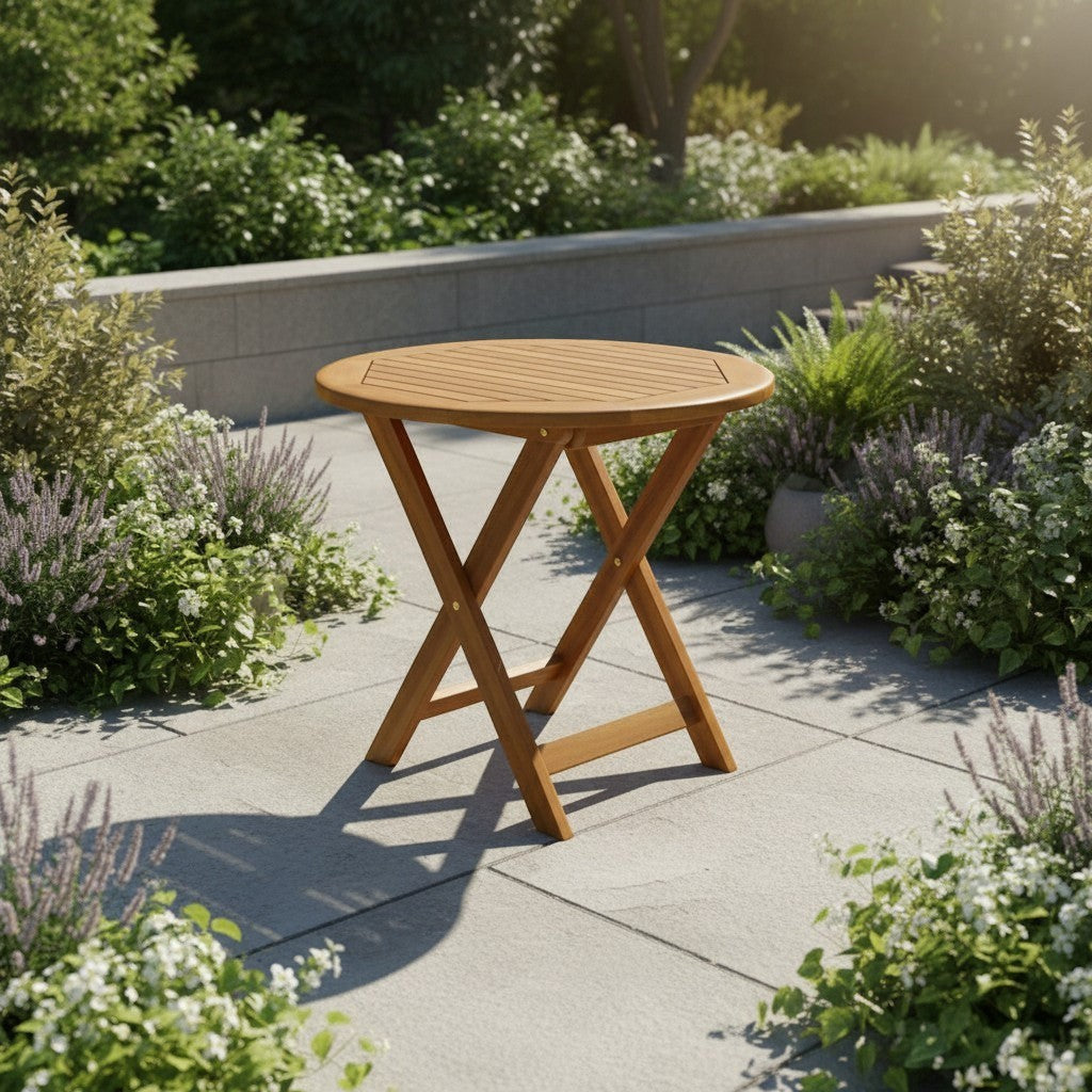 Attaleia Furniture Karya yuvarlak katlanır ahşap bahçe yemek masası, dış mekan kullanımı için doğal tonlarda tasarım