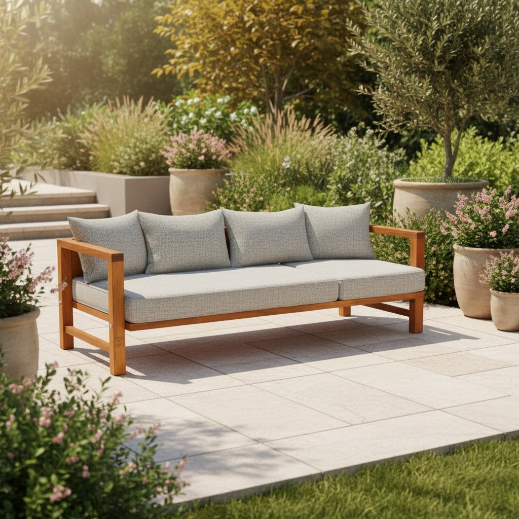Attaleia Furniture Likya 3 kişilik iroko ağacı dış mekan koltuğu, gri minderli ve modern bahçe tasarımı