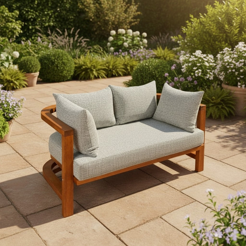 Attaleia Furniture Likya Loveseat, iroko ağacından üretilmiş, gri minderli, bahçe kullanımı için şık ikili koltuk.