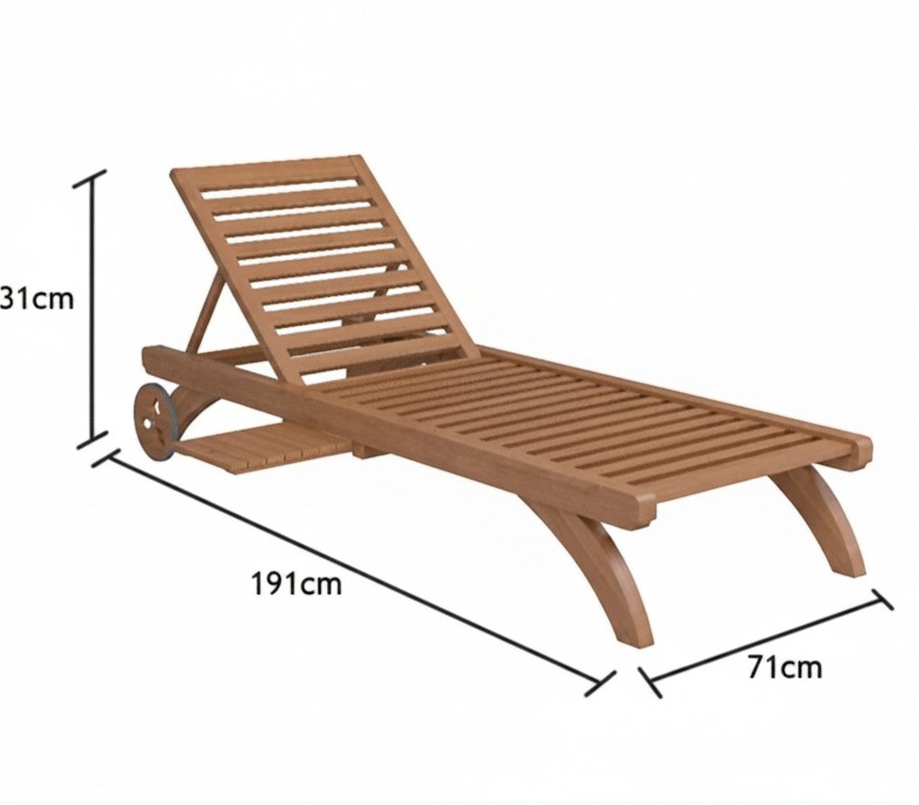 Attaleia Furniture Olympos tekerlekli iroko ahşap şezlong, ölçüleri belirtilmiş teknik çizim görünümü.