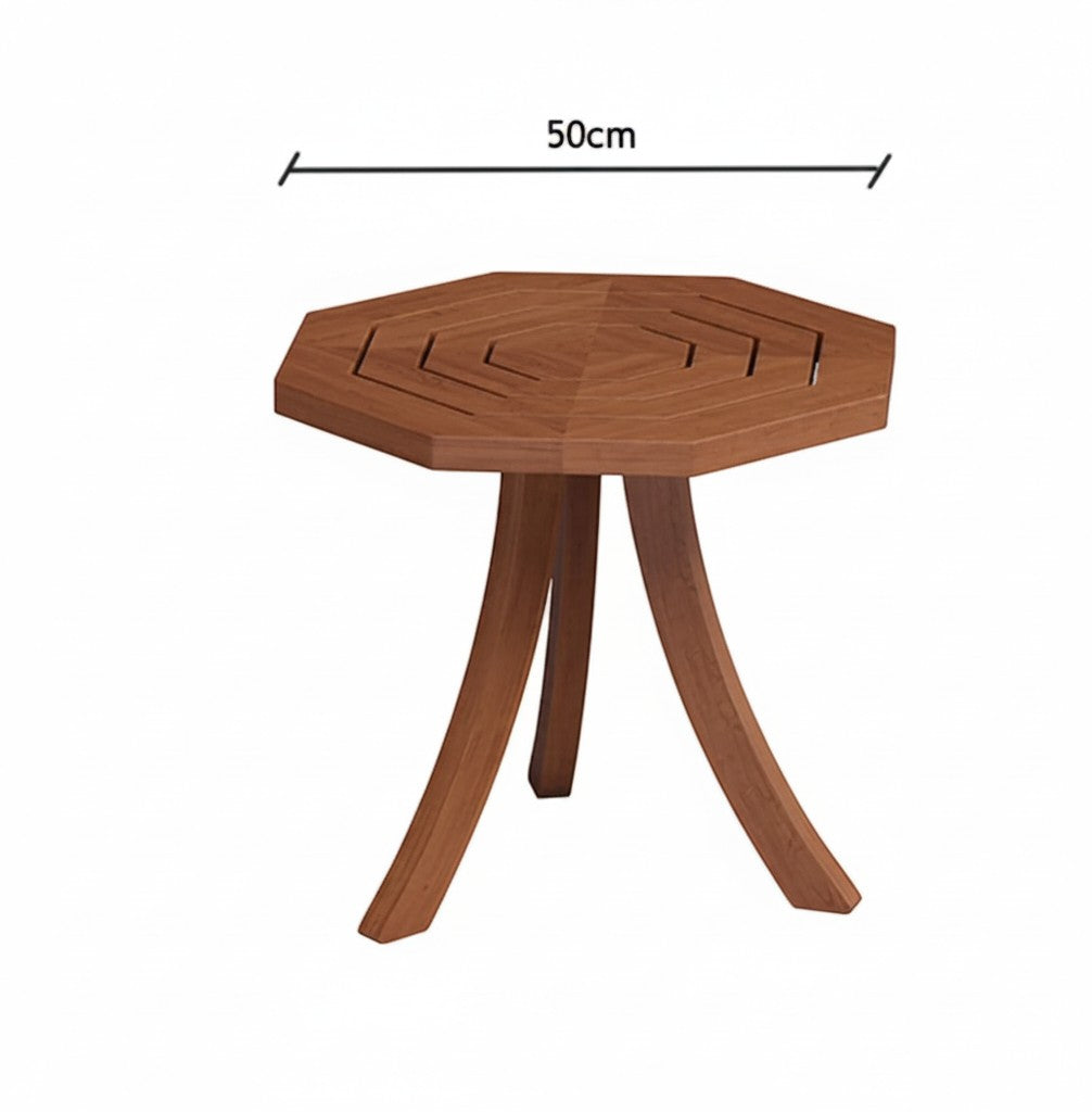 Attaleia Furniture Patara sekizgen iroko ağacı dış mekan yan sehpa, 50 cm çapında geometrik tasarım
